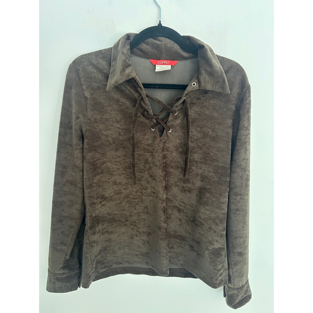 Vintage Esprit Brown Faux Suede Lace‎ Up Long Sleeve Top Women Large 90s Retro